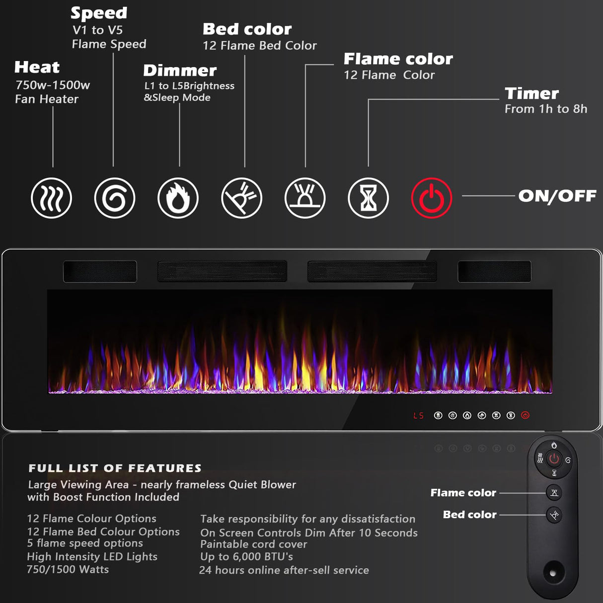 BOSSIN 72 inch Ultra-Thin Silence Linear Electric Fireplace, Recessed Wall Mounted Fireplace,750w/1500w, 12 Adjustable Flame Color & Speed,with Timer/Touch Screen Remote BOSSIN