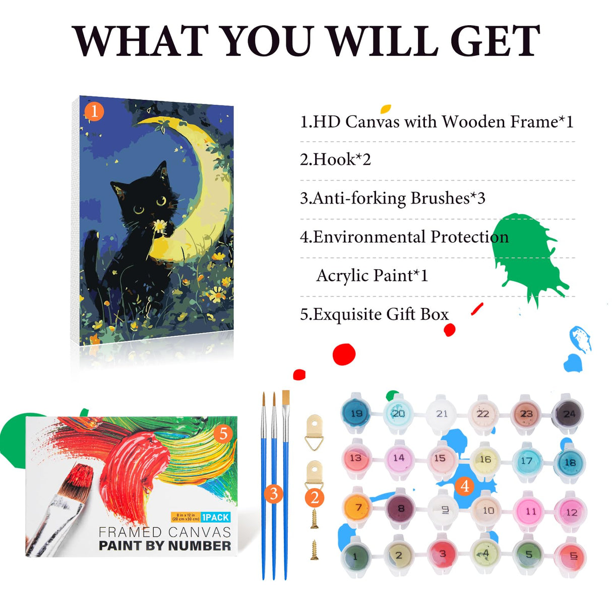 Fountor Cat Framed Paint by Numbers Kit for Adults Beginner & Kids Ages 8-12, Black Cat Paint by Number with Frame, Acrylic Moon Painting by Numbers Kit on Canvas 8x12 inch Fountor