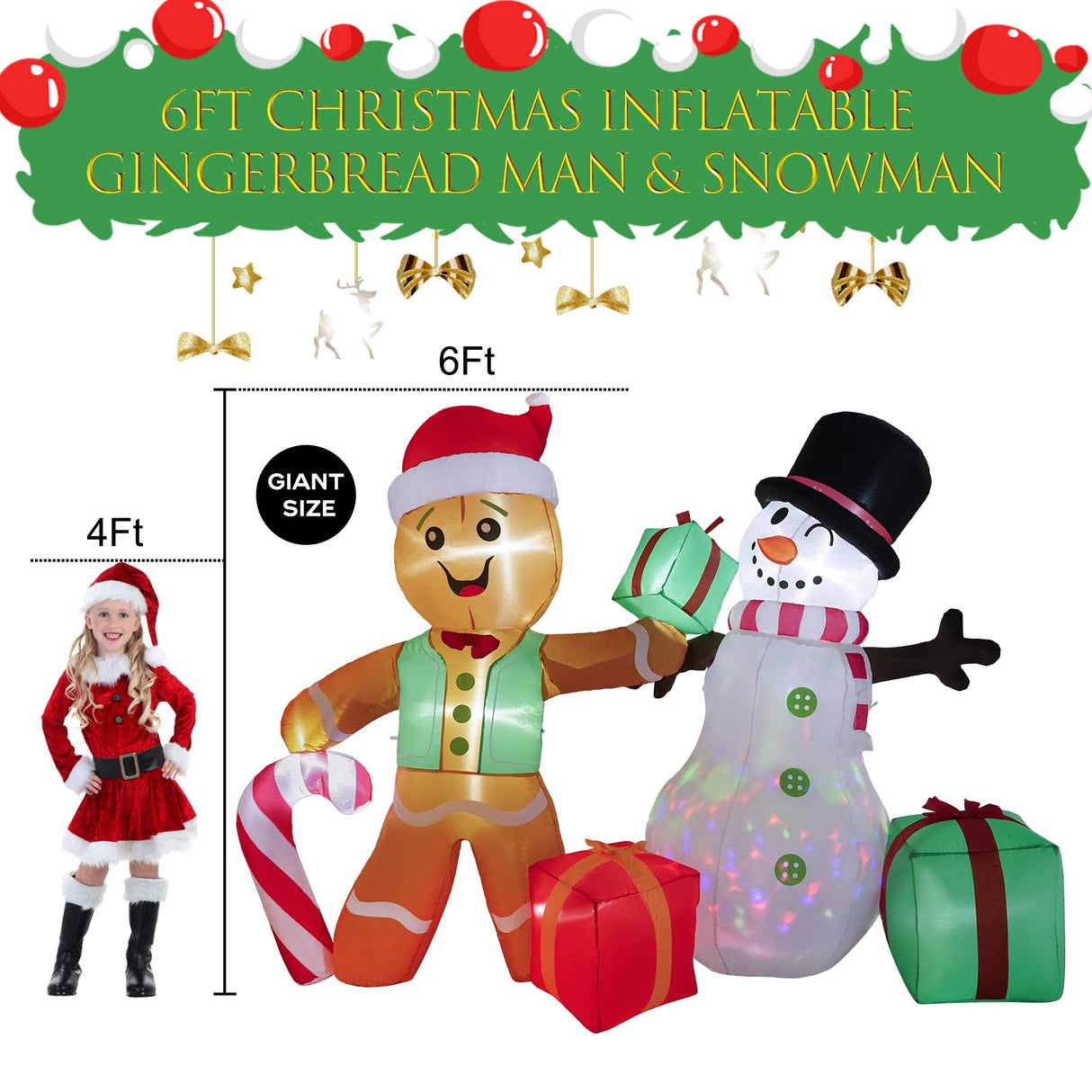 COOLWUFAN 6 FT Christmas Decorations Outdoor Inflatables Gingerbread Man Snowman Blow Up Yard Decor, Outdoor Inflatables Decorations with Rotating LED Light for Garden Patio Lawn Holiday Party Xmas COOLWUFAN