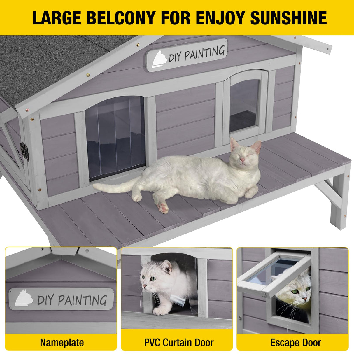 Outdoor Cat House Feral Kitty Shelter with Large Opening Roof Wooden Weatherproof Cat Shelter for Winter,Escape Door Aivituvin