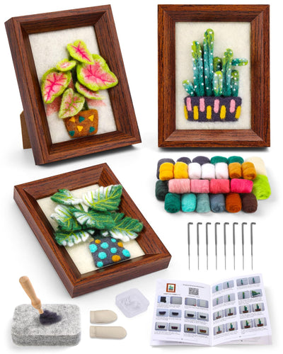 OEHPICC Needle Felting Kits for Beginners Adult, Wool Felting Kit with Frame & Tools, Needle Felt Painting Kit Includes Felting Needles, Fabric Sheet, Instructions (3 Potted Plants)