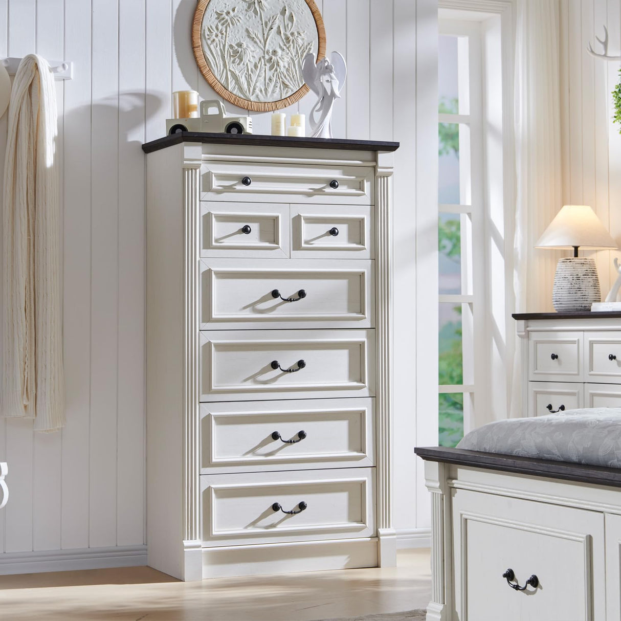 Aitjunz Farmhouse 7 Drawers Dresser for Bedroom, 57" Tall Chest of Drawers with Roman Column, Large Wood Rustic Closet Dresser with Three Different Drawer Sizes for Bedroom, Living Room, Hallway,White Aitjunz