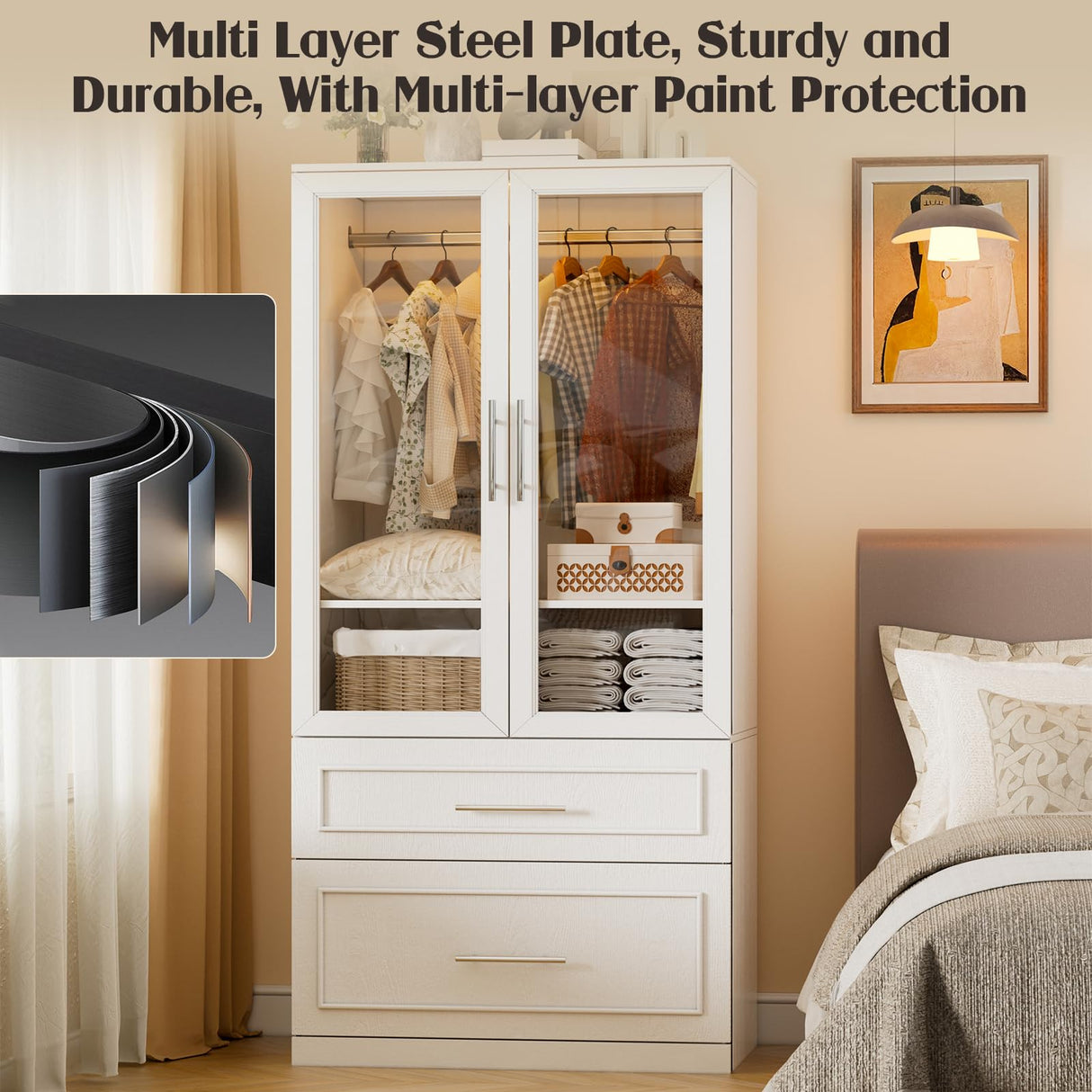 71" Tall Farmhouse 2 Doors Armoire Wardrobe Closet with 2 Drawers and LED, Wooden Armoire Storage Cabinet, Freestanding Closet Wardrobe Cabinet for Bedroom with Hanging Rod, Adjustable shelve(White) SDMY