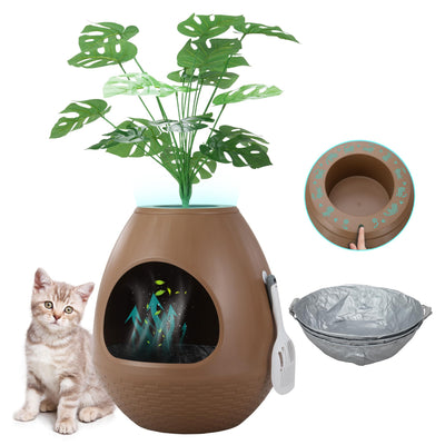 Eggloa6 Cat Litter Box Plant Enclosure – Secret Hidden Litter Box with Odor Removal Technology, Artificial Plants, and Scoop, Perfect for Housebreaking Cats and Small Pets (Brown)