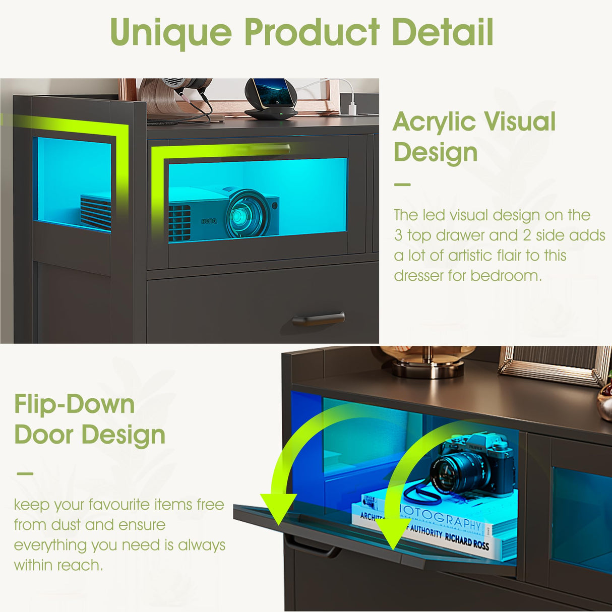 Alohappy 9 Drawer Dresser with Charging Station and LED Lights, Dresser Chest of Drawers with 3 Visual Drawers, Modern Wood Dresser for Bedroom Living Room Hallway Entryway Alohappy