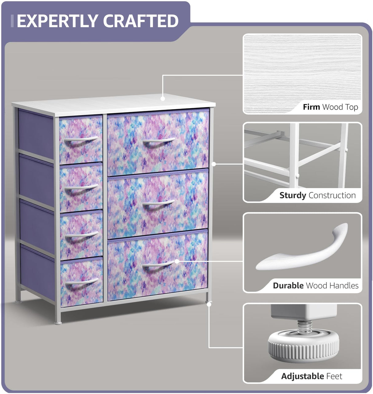 Sorbus Kids Dresser with 7 Drawers - Storage Chest Organizer Unit with Steel Frame, Wood Top & Handles, Tie-dye Fabric Bins for Clothes - Wide Furniture for Bedroom Hallway Kids Room Nursery & Closet Sorbus