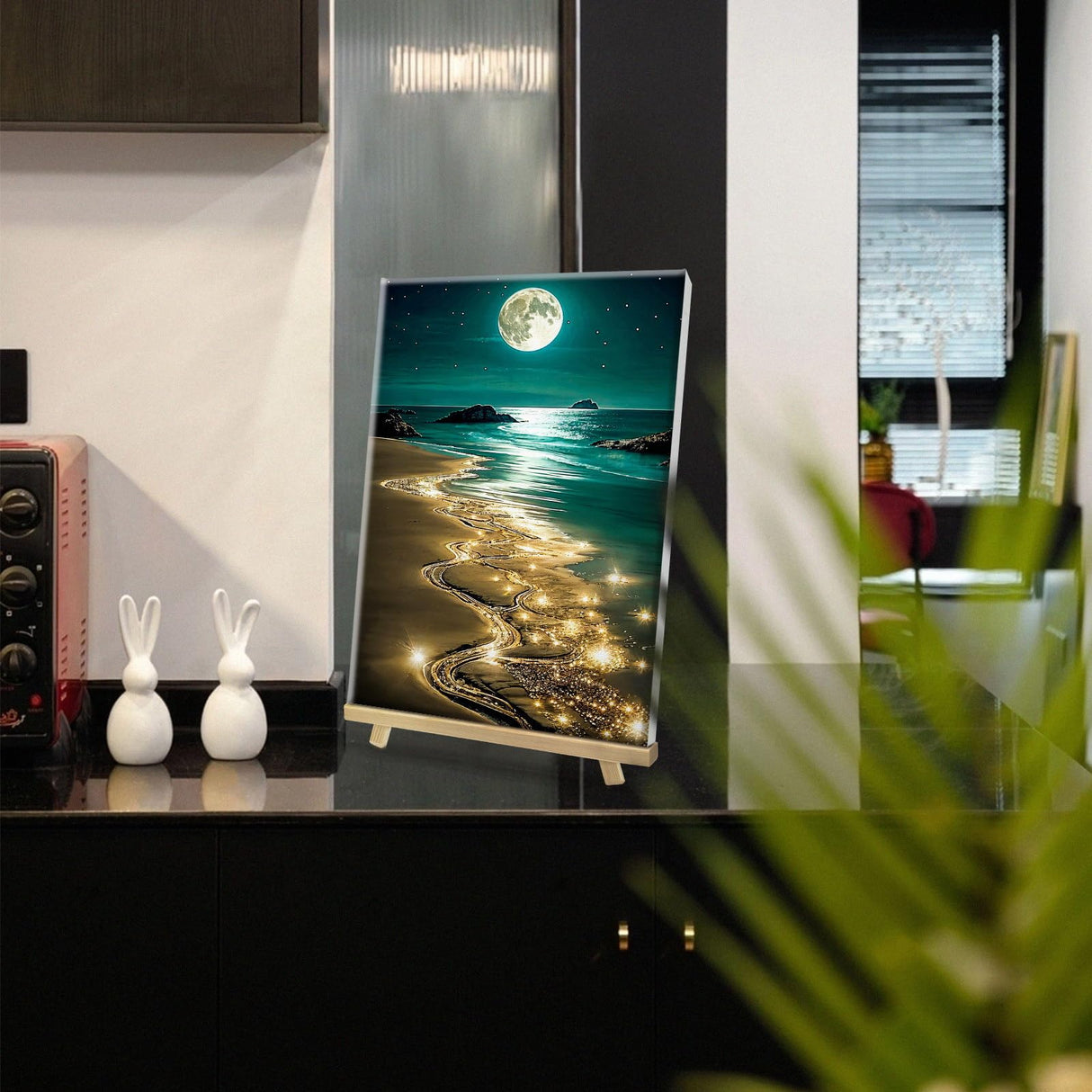 HeeBenor Framed Paint by Numbers Kit for Adults, Moon Paint by Number with Easel, DIY Beach Moon Landscape Oil Painting Kit, Adult Paint by Number Kits Framed Canvas for Home Decor 8x12 Inch HeeBenor