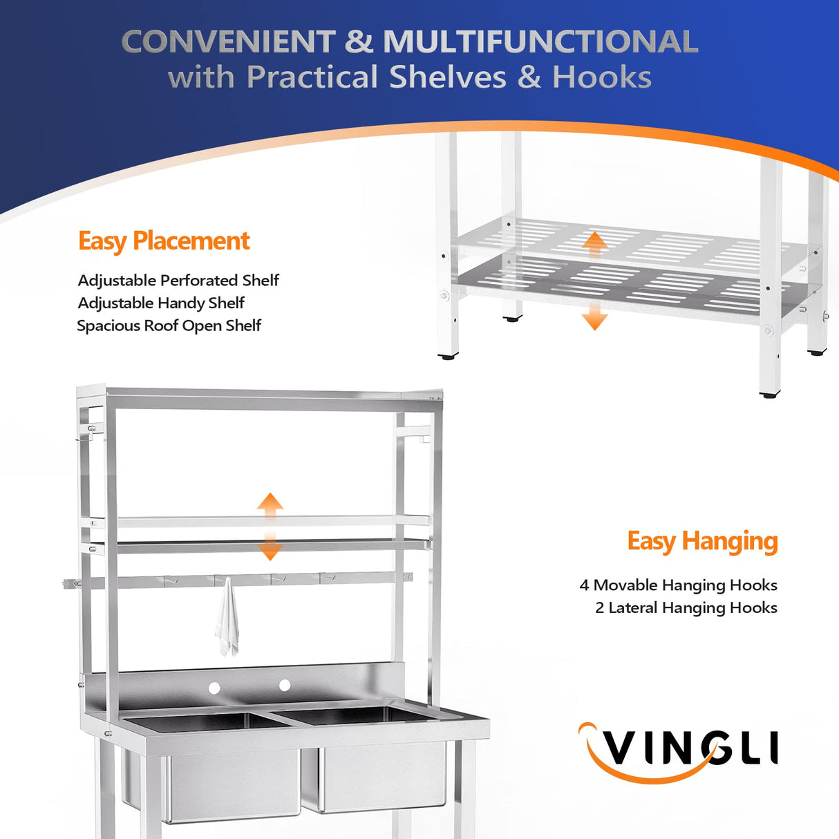 VINGLI 67" 2-Compartment Commercial Sink with Shelves Over & Drying Rack Underneath, 304 Stainless Steel Sink Double Basin with Drain for Restaurant, Freestanding Utility Sink for Laundry Room, Garage VINGLI
