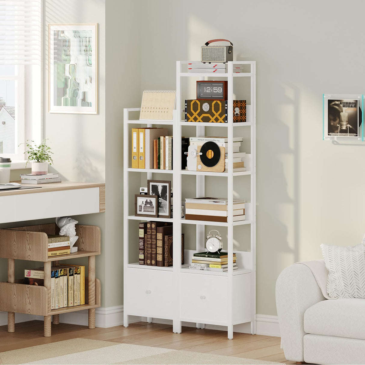 MAHANCRIS Bookshelf, 5-Tier Bookcase with Drawer, Small Book Shelf for Small Space, Storage Shelf Organizer, for Living Room, Bedroom, Study, Kitchen, White BKWT55101 MAHANCRIS