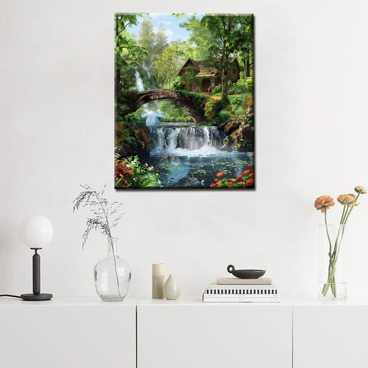 Tropical Frorest Waterfall Paint by Number for Adults Beginner,DIY Oil Painting Kits on Canvas with Brushes and Acrylic Pigment Abandoned Wooden House,Bridge Pictures Gifts 16x20 inch (Frameless) Tucocoo