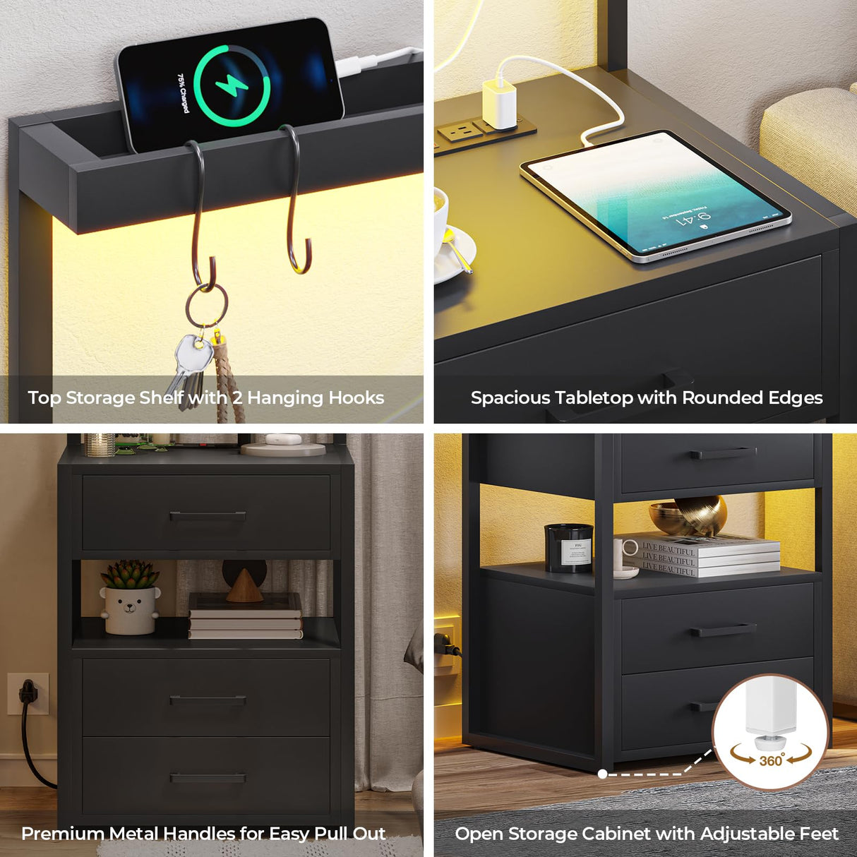 VIAGDO Nightstands Set of 2 with LED Lights, 3 Drawers Night Stands with Charging Station, Black Bedside Tables with Storage Shelves, Modern End Side Tables for Bedroom, Office VIAGDO