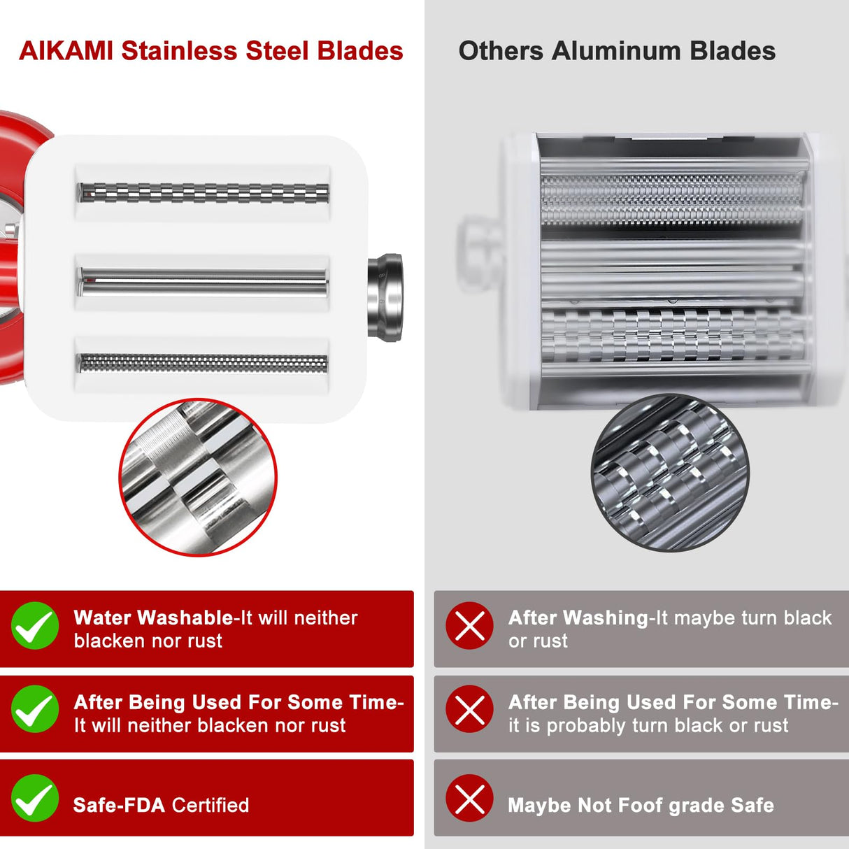 AIKAMI Metal Pasta Maker Attachment for Kitchenaid Stand Mixers 3 in 1 Set Includes Pasta Roller Spaghetti Cutter & Fettuccine Cutter and Cleaning Brush, Pasta Attachment AIKAMI