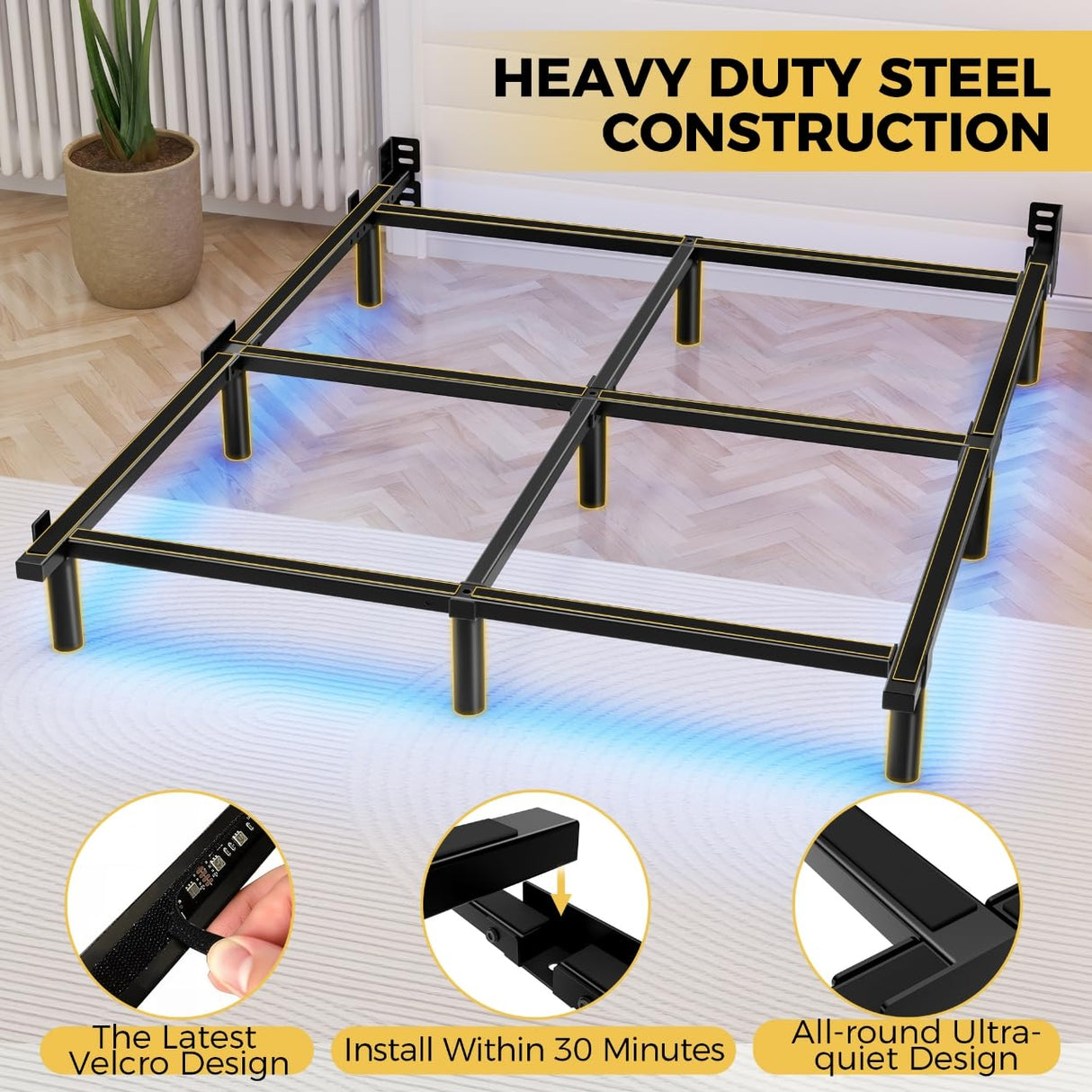 Awesofurni King Size Bed Frame with Smart LED Lights, 7 Inch Basics Metal Bed Frame, Heavy Duty 9-Leg Base for Box Spring and Mattress, Noise-Free, Easy Assembly, Black Awesofurni