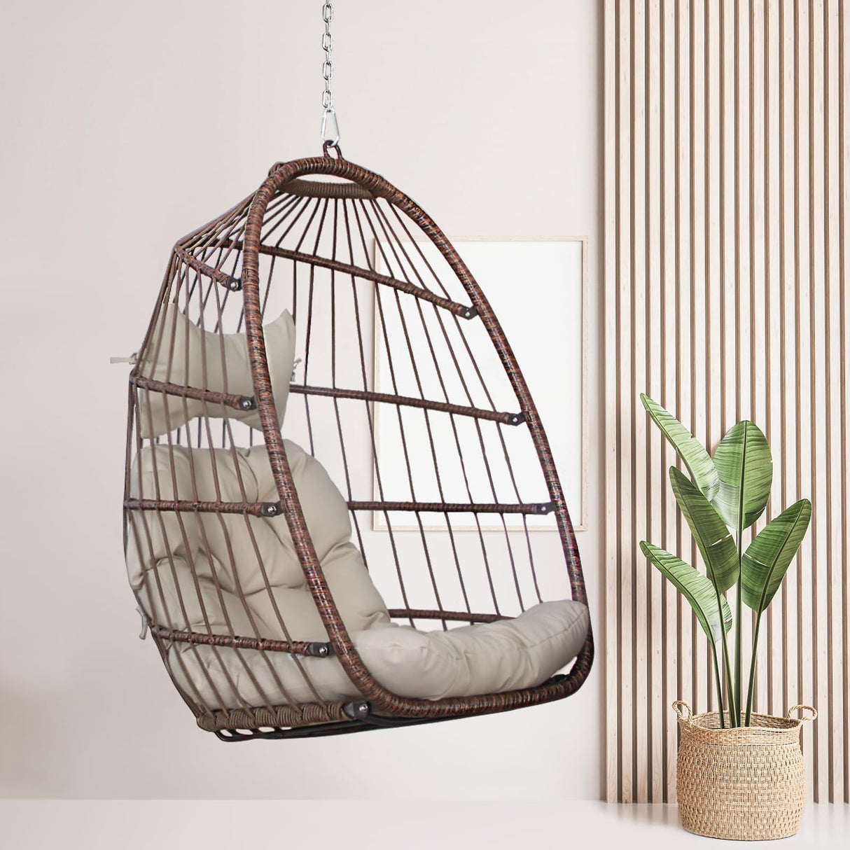 RADIATA Egg Chair Without Stand Luxury Outdoor Patio Wicker Hanging Swing Egg Chairs with Water Resistant Cushions for Patio Backyard Balcony (Brown) RADIATA