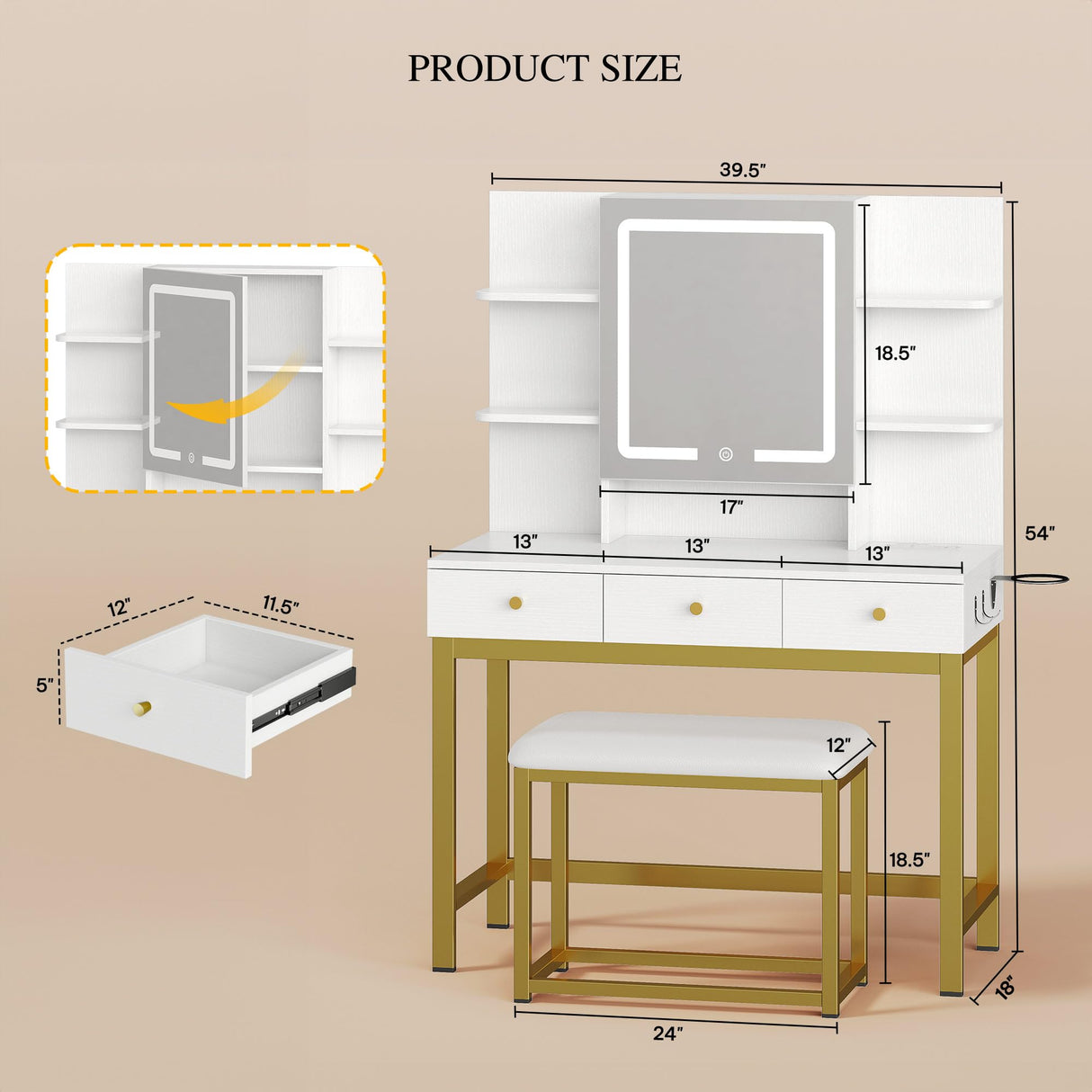YITAHOME Vanity Desk with LED Lights Mirror & Power Outlets, Makeup Table Set with 3 Adjustable Lighting Modes, Open Shelves and Hidden Storage, Stool, Hooks and Hair Dryer Holder for Bedroom, White YITAHOME