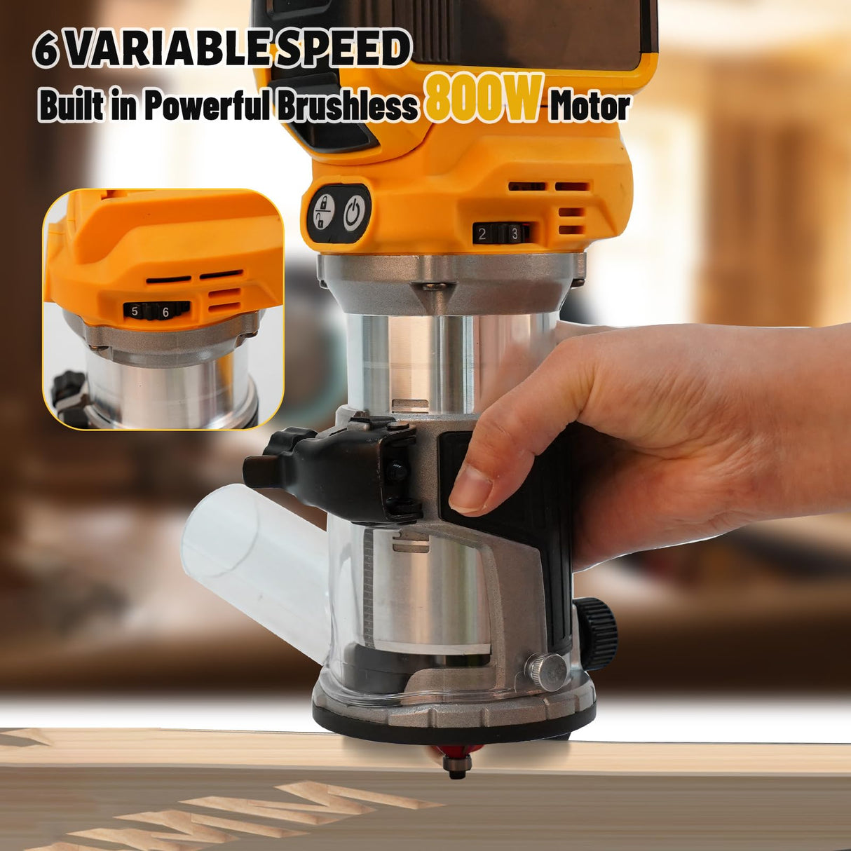 Aluminum Base Cordless Compact Electric Router Tool for DeWalt 20V Battery (Bare Tool), 800W 10000-33000 RPM 6 Variable Speed Fixed Base Wood Router with 15 Router Tool Bits for Woodworking dcvbny