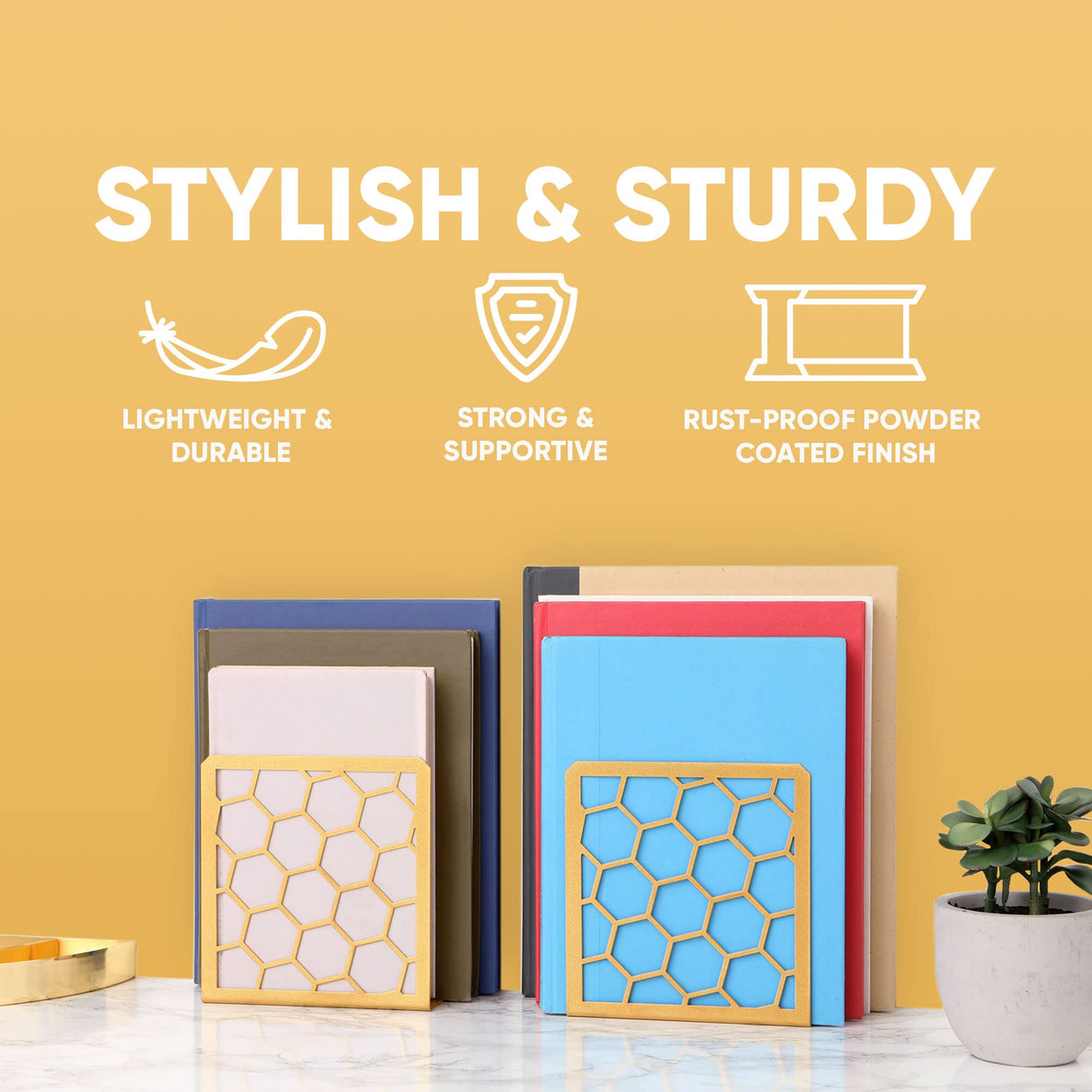 Premium Geometric Gold Honeycomb Bookends for Shelves, Metal Book Ends for Office, L-Shaped Book Stopper, Rustproof Bookends Decorative Unique for Home, 6.25 (L) x 6 (W) inches, 1 Pair - Geomod GEOMOD
