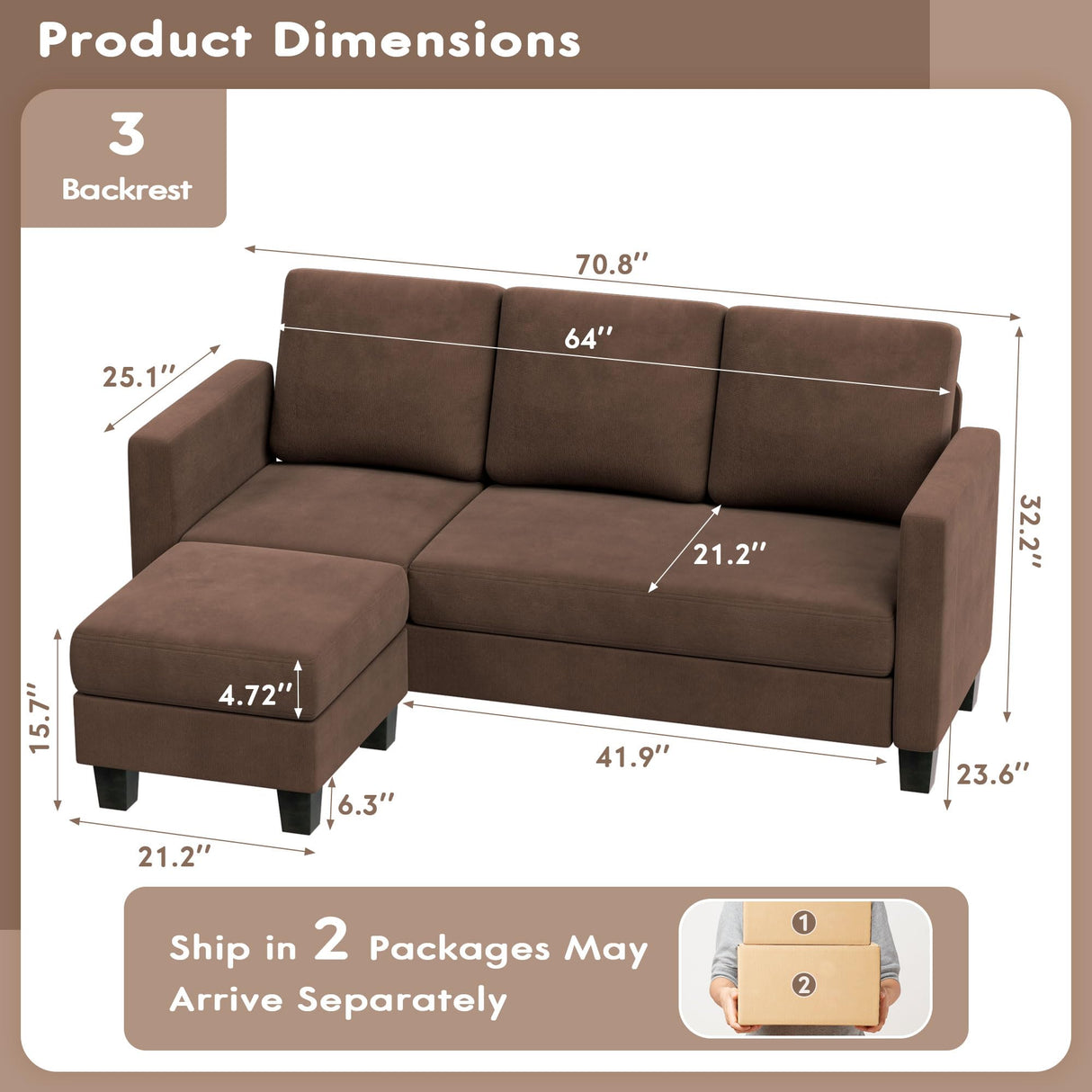 VICTONE Convertible Sectional Sofa Couch, 3 Seat L-Shaped Sofa with Linen Fabric, Movable Ottoman Small Couch for Small apartments, Living Room and Office (Brown) VICTONE