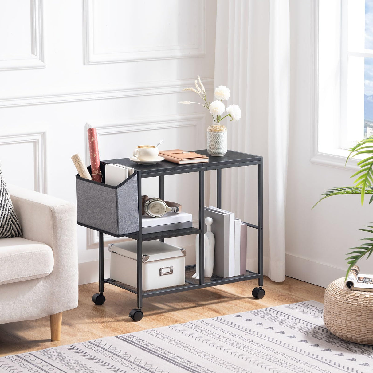 MAHANCRIS Printer Stand with Storage Bag, 3-Tier Mobile Under Desk Printer Cart with Wheels, Wooden Rolling Printer Table, Organizer Shelf for Study, Office, Living Room, Black PTHB2201 MAHANCRIS