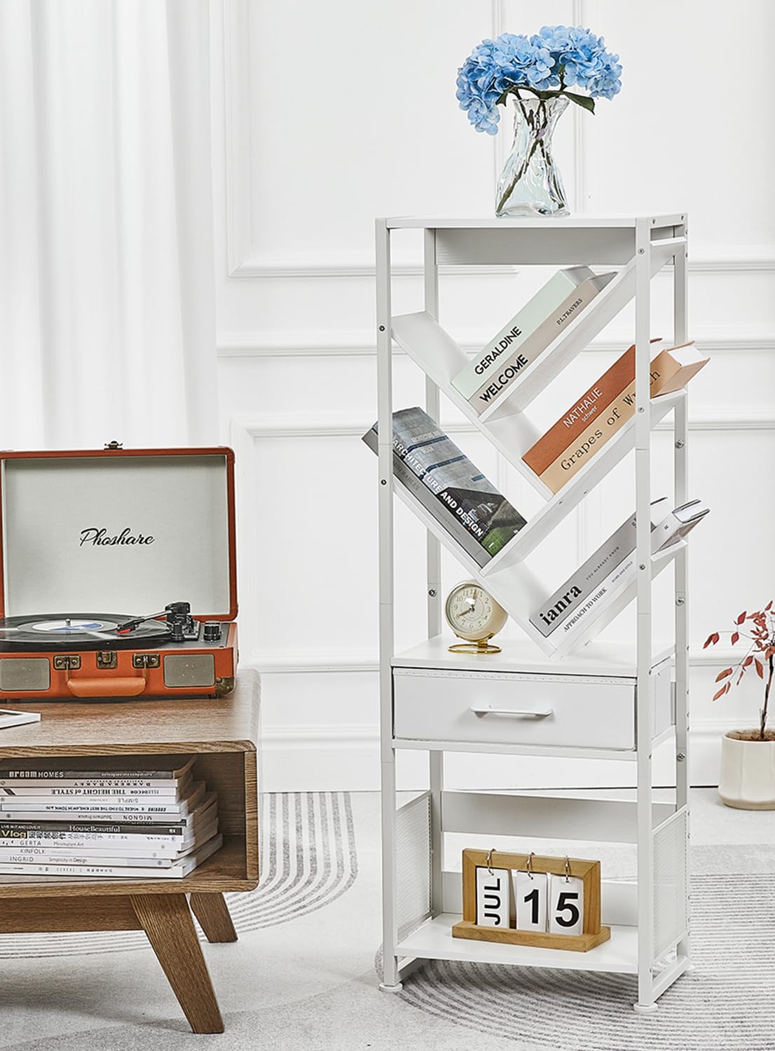 ZEXVIDA Bookshelf with Drawer,8 Tier Tree Bookcase Retro Floor Standing Bookshelves,Tall Wood Bookcases with Cabinet Storage Organizer for Living Room, Bedroom & Home Office, White ZEXVIDA