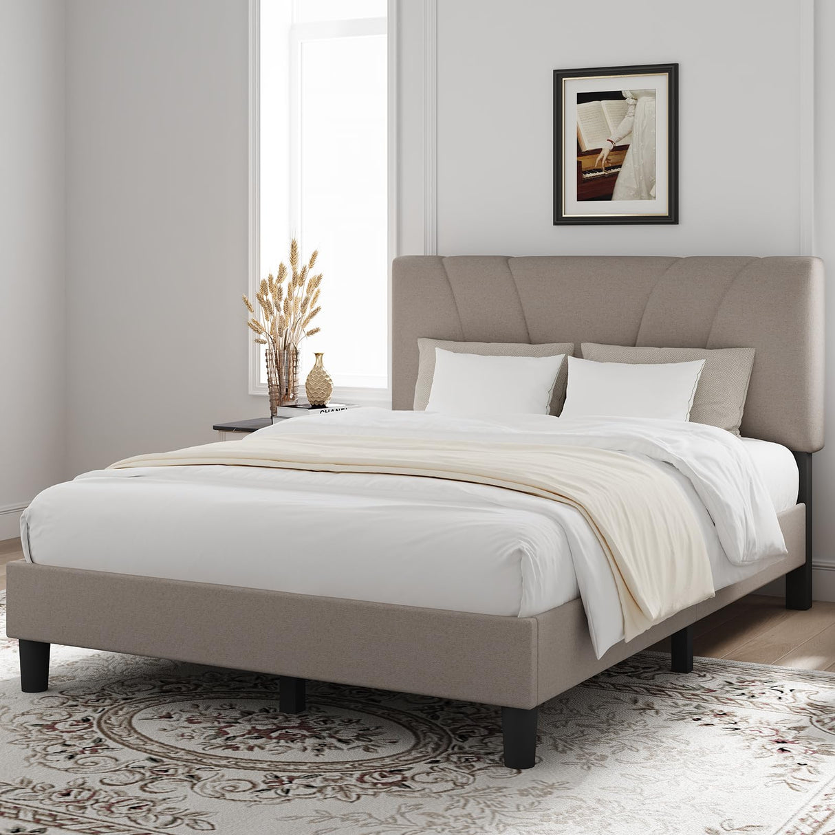 Novilla King Size Bed Frame with Adjustable Headboard Platform King Bed Frame Linen Fabric Upholstered Headboard, No Box Spring Needed, Noise-Free, Wooden Slats Support, Easy Assembly, Beige Novilla
