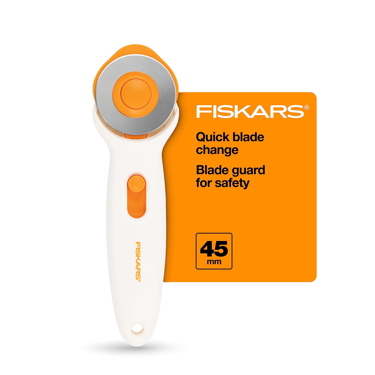 Fiskars 45mm Rotary Cutter for Fabric, Premium Steel Stick Fabric Cutter Cuts Through Multiple Layers, Right and Left Handed, Easy and Safe Blade Change, Arts and Crafts, Sewing and Quilting Tools Fiskars