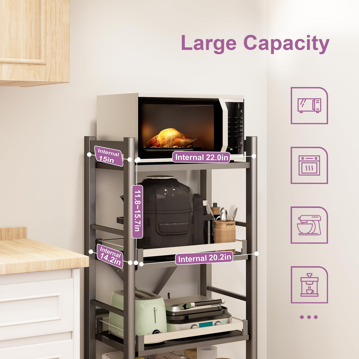 4-Tier Pull Out Kitchen Baker's Rack with Wheels, Heavy Duty Metal Microwave Stand with Storage, Adjustable Ktichen Shelves Freestanding, Rolling Utility Storage Cart (23.6''W x 49.2''H) Sharkwave Living