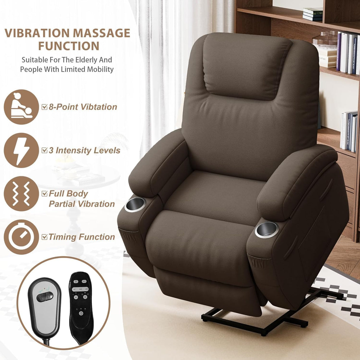 Flamaker Power Lift Chair Massage Recliner Chairs for Elderly - Ergonomic Design with Cup Holders & Side Pockets, Remote Control (Brown) Flamaker