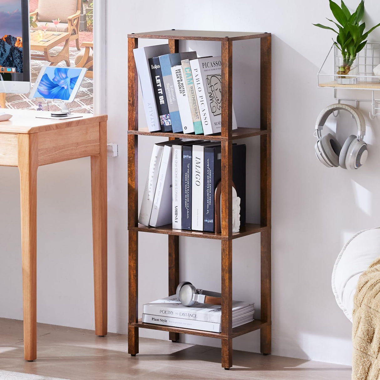 YUFAM 4 Tier Tall Wooden Bookshelf with Storage - Small Bookcase for Small Spaces, Small Shelf for Living Room, Office, Bedroom, Kitchen - Industrial Retro Brown Book Shelf YUFAM