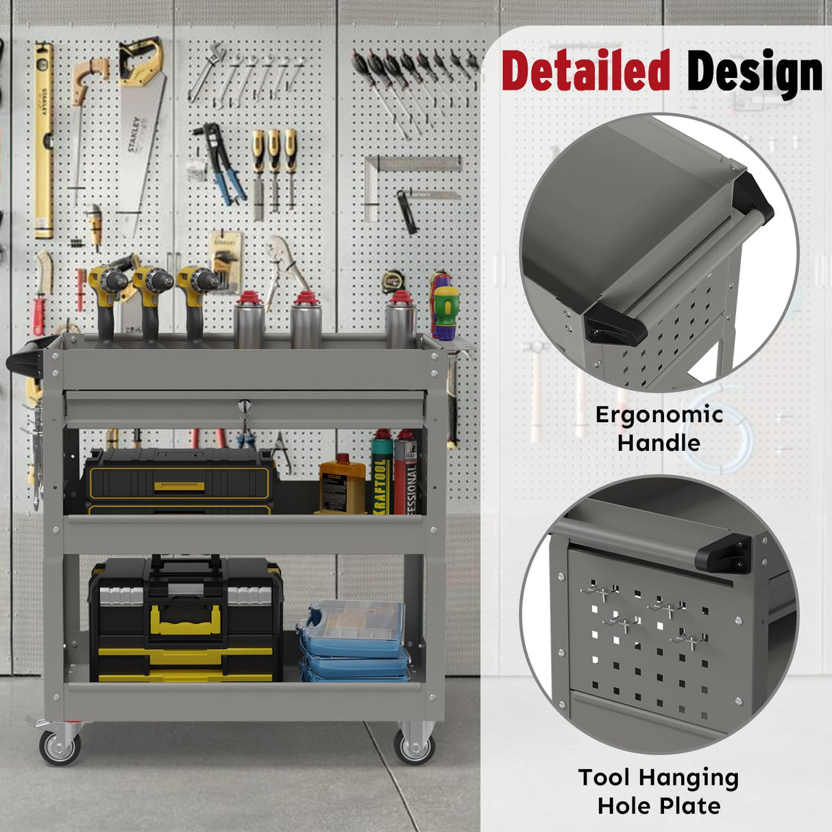 Cemostey 3-Tier Rolling Utility Cart, Heavy Duty Tool Cart on Wheels, Metal Service Cart with Locked Drawers for Garage, Warehouse and Repair Shop (Grey) Cemostey