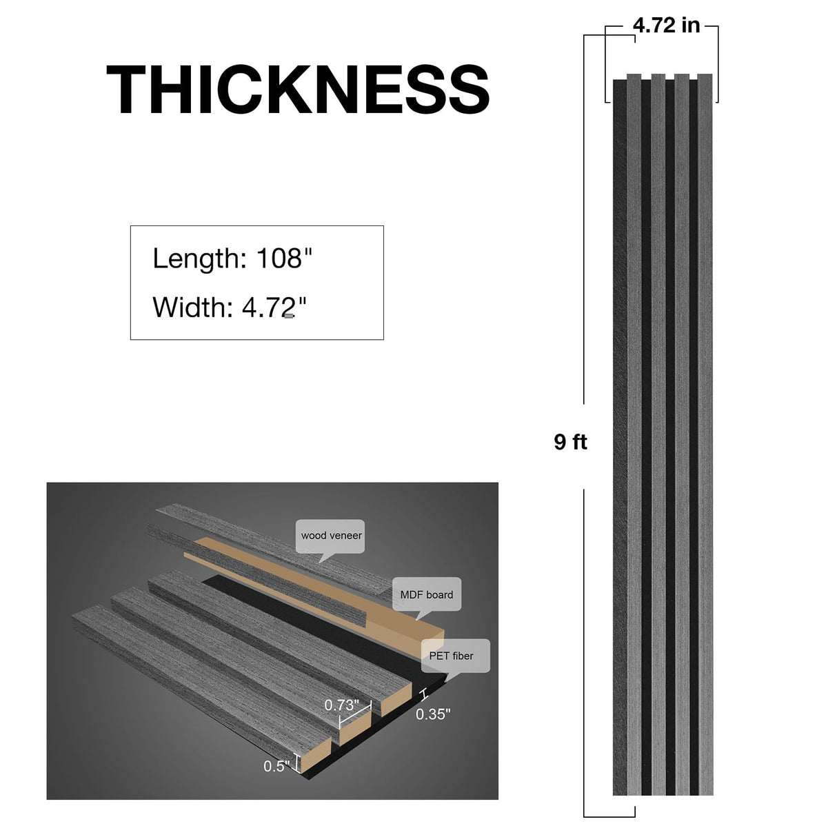 NeatiEase Wood Wall Panels, 9 Feet Acoustic Slat Wall Panels for Interior Wall Decor and Noise Reduction, Decorative Slat Wall Paneling, Dark Gray Oak, 6-Piece NeatiEase