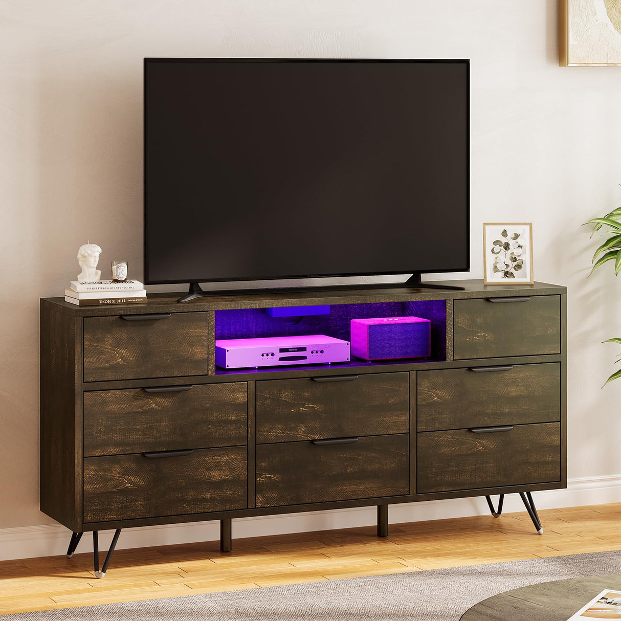 TV Cabinet with Storage LED Lights,Power Outlets,Dresser with 8 Drawers Open Shelf,TV Stand for 32/45/55/65 Inches,Metal Frame & Wood Top Storage Cabinet for Bedroom,Living Room,Hallway Takywep