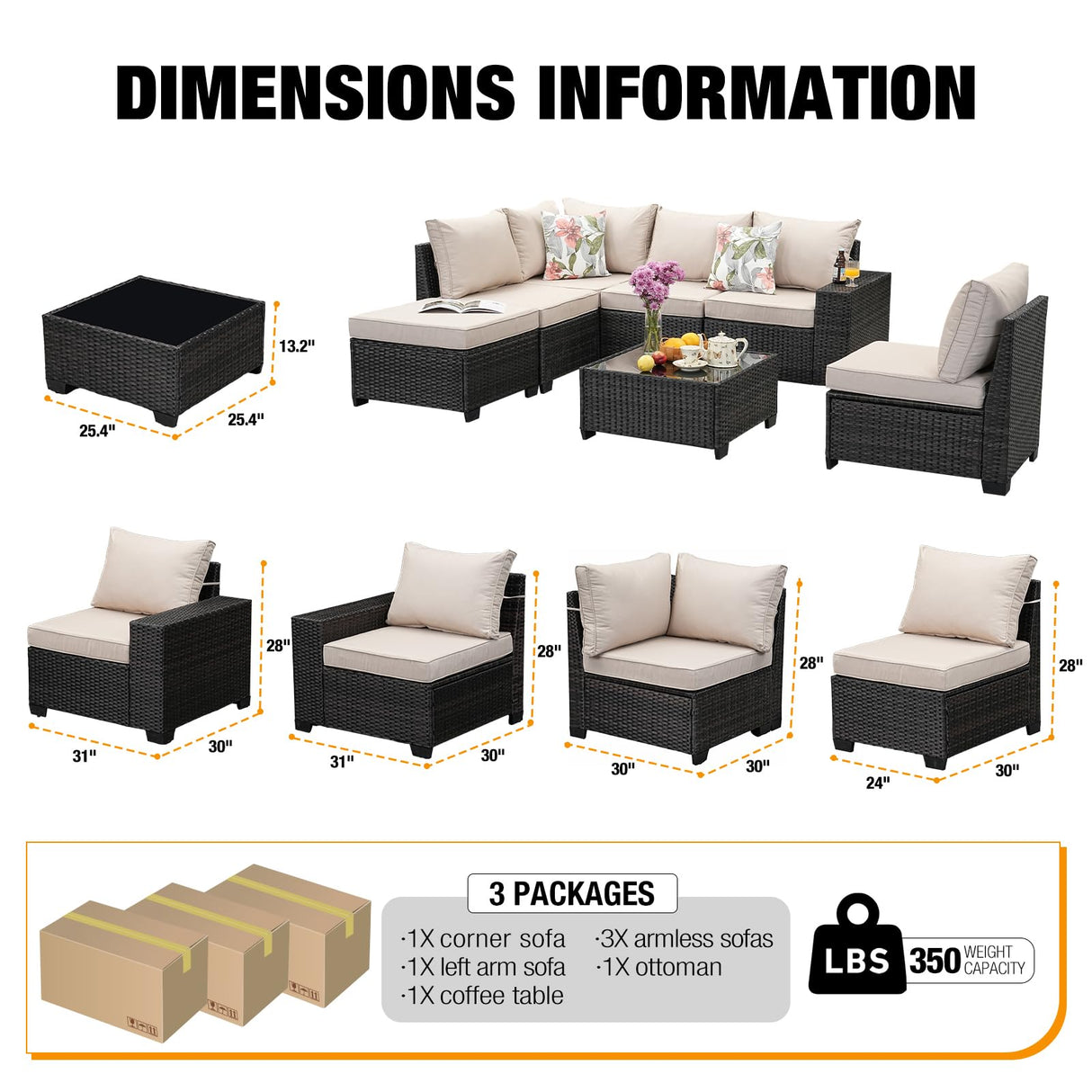 JOYURE 7 Pieces Patio Furniture Set All-Weather Outdoor Wicker Sectional Conversation Sofa Rattan Patio Seating Sofa with Cushion and Glass Table and Ottoman for Porch Poolside,Beige JOYURE
