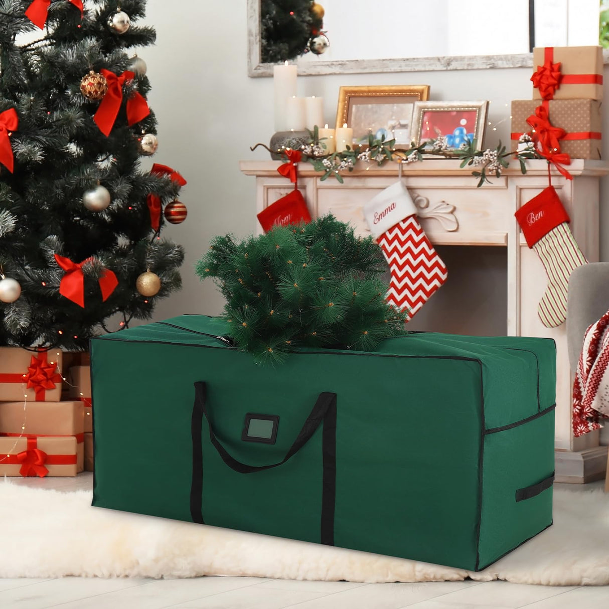 combocube Large Christmas Tree Storage Bag 7.5 ft, 600D Oxford Fabric Heavy Duty Christmas Tree Container, Waterproof Xmas Artificial Tree Storage Box with Reinforced Handles and Dual Zippers, Green combocube