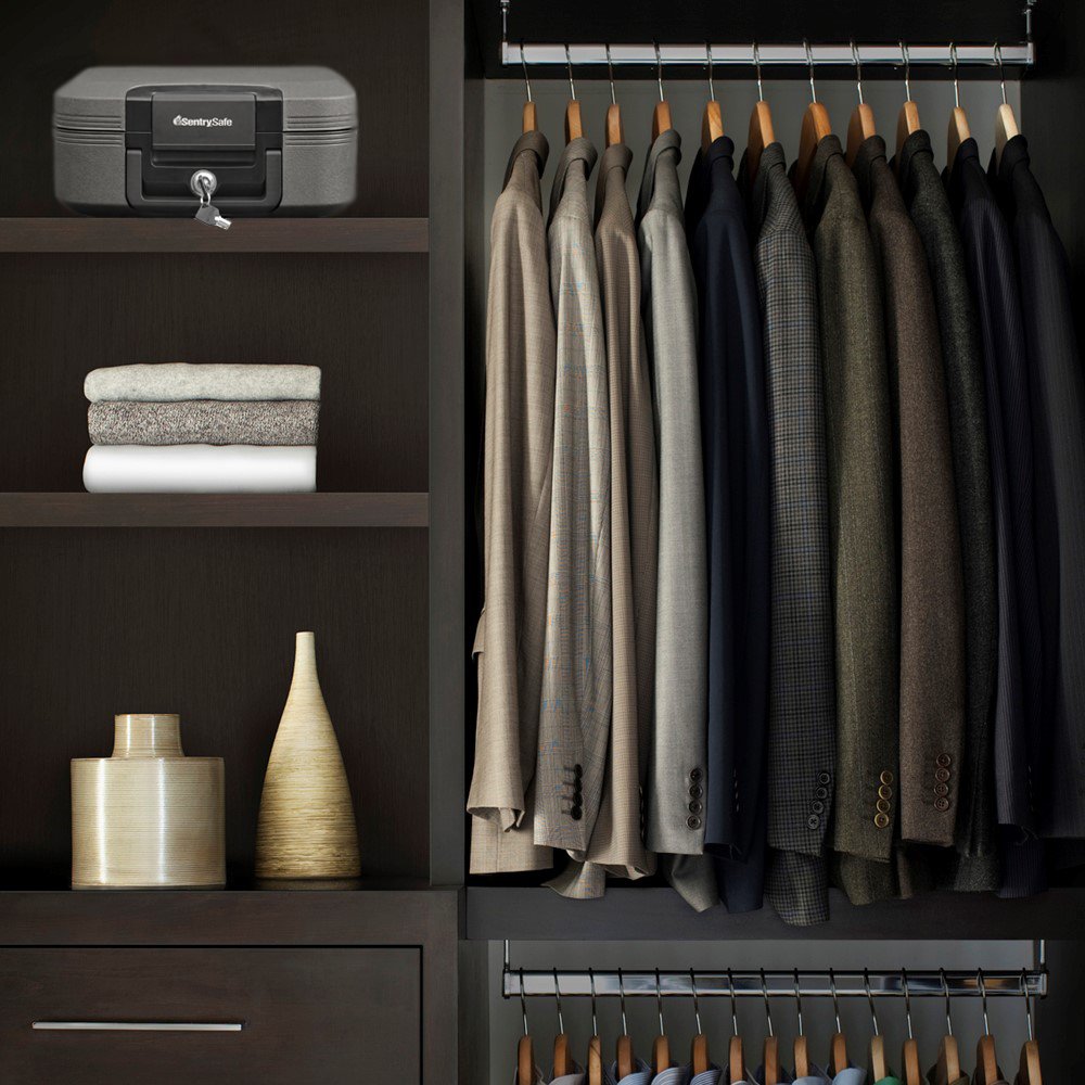 SentrySafe Fireproof and Waterproof Chest Box with Key Lock, Black Travel Safe with Interior Lighting and Carrying Handle, 0.28 Cubic Feet, 6.6 x 15.4 x 14.3 Inches, CHW20205 SentrySafe