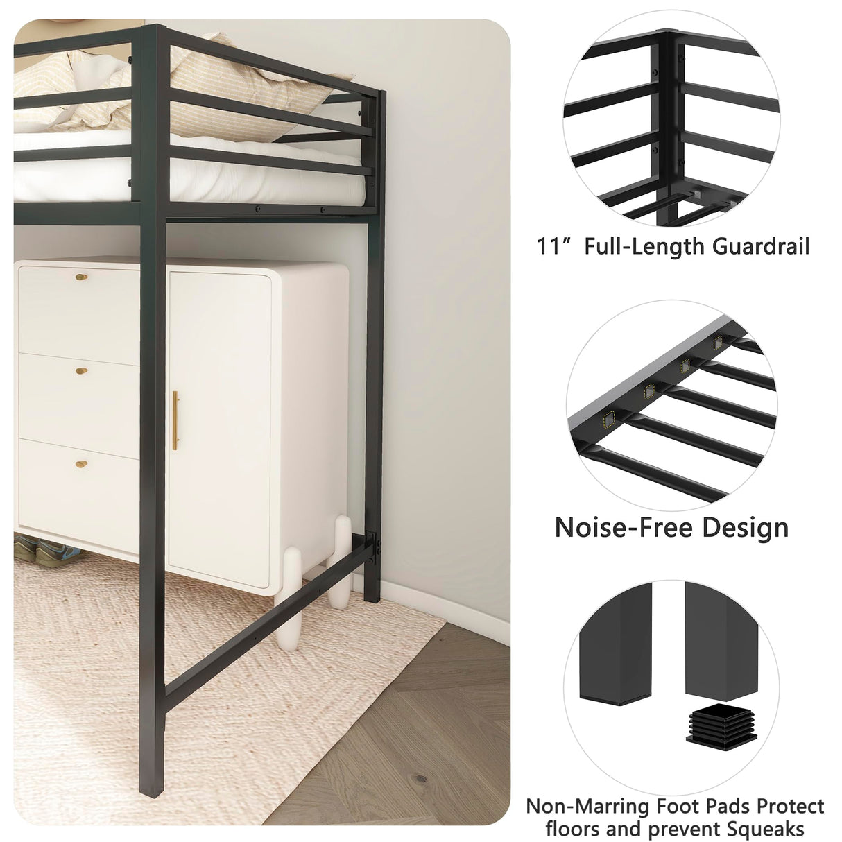 Twin Size Low Loft Bed for Kids,Metal Loft Bed Frame for Boys Girls,Kids Loft Bed Twin Size,Junior Low Loft Bed, Black Bellemave