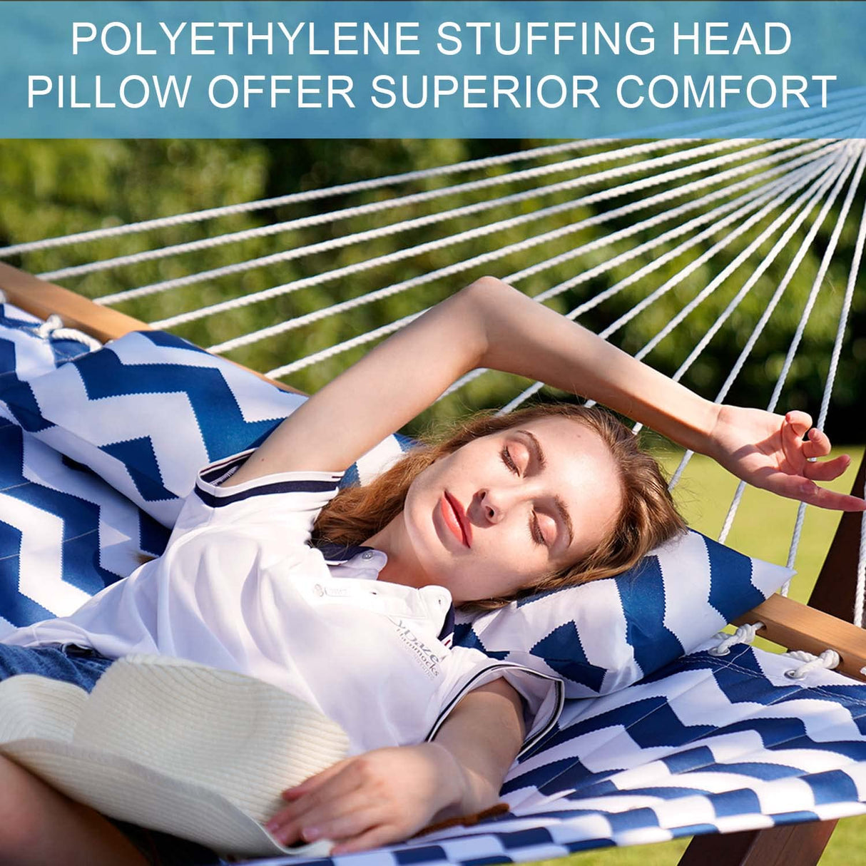 Lazy Daze Hammocks 12 FT Double Quilted Hammock with Spreader Bars and Detachable Pillow, 2 Person Hammock for Outdoor Patio Backyard Poolside, 450 LBS Weight Capacity, Blue Chevron Stripe Lazy Daze Hammocks