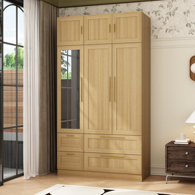 TAMUNE Wardrobe Closet with Mirror, 3 Door Wardrobe with Hanging Rod, 4 Drawers, Shelves, Modern Bedroom Armoire with Gold Handle, Oak Clothes Cabinet, 20.5”D x 47”W x 86.7”H
