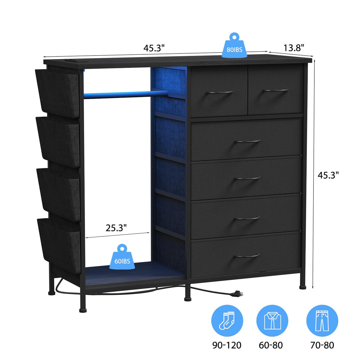 WODRAWER 6 Drawer Dresser for Bedroom with Clothes Rack, Clothes Dresser with Side Pockets and Hooks, Charging Station & LED Lights, Wooden Top, Fabric Storage (Black) WODRAWER