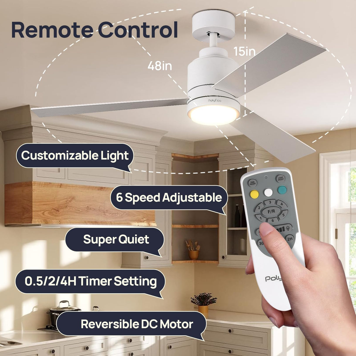 48 Inch Ceiling Fans with Lights Remote Control, Matte White Ceiling Fan with DC Motor, Modern Ceiling Fan with 6 Speeds,3 Reversible Blades, Dimmable And Timer for Living Room Dining Room Bedroom POLYECO