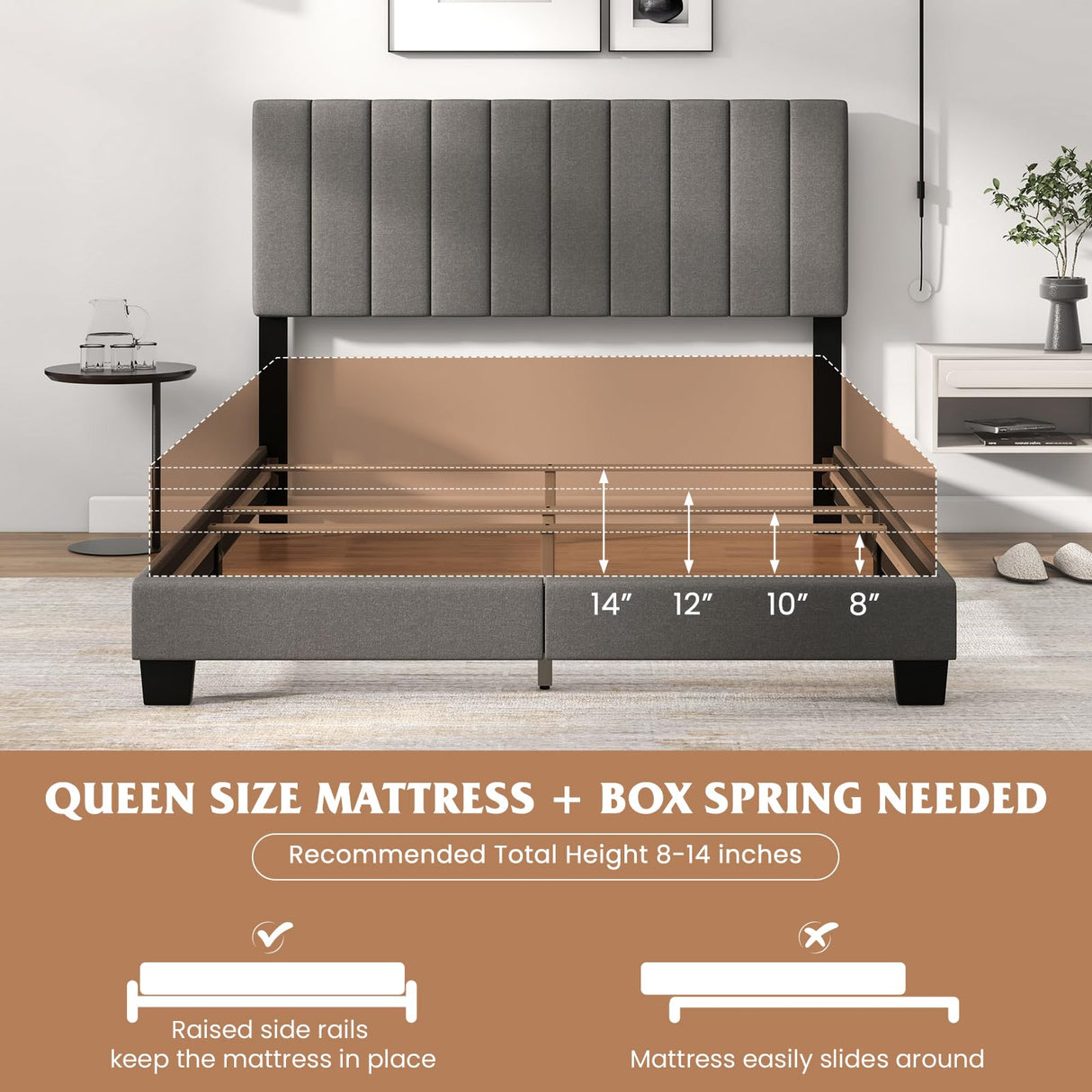 Giantex Modern Upholstered Queen Size Bed Frame with Linen Headboard and Solid Wood Legs Giantex