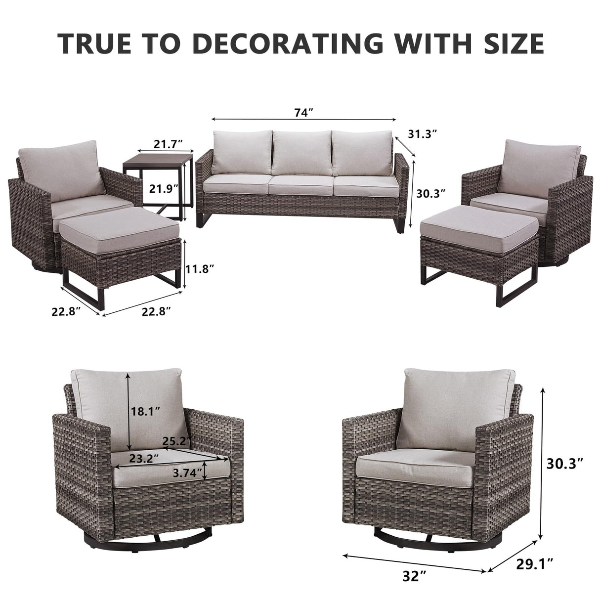 HUMMUH 6 Piece Patio Furniture Set Outdoor Sectional Sofa,PE Wicker Patio Swivel Rocker Chairs with Ottomans Side Table for Porch,Garden,Backyard HUMMUH