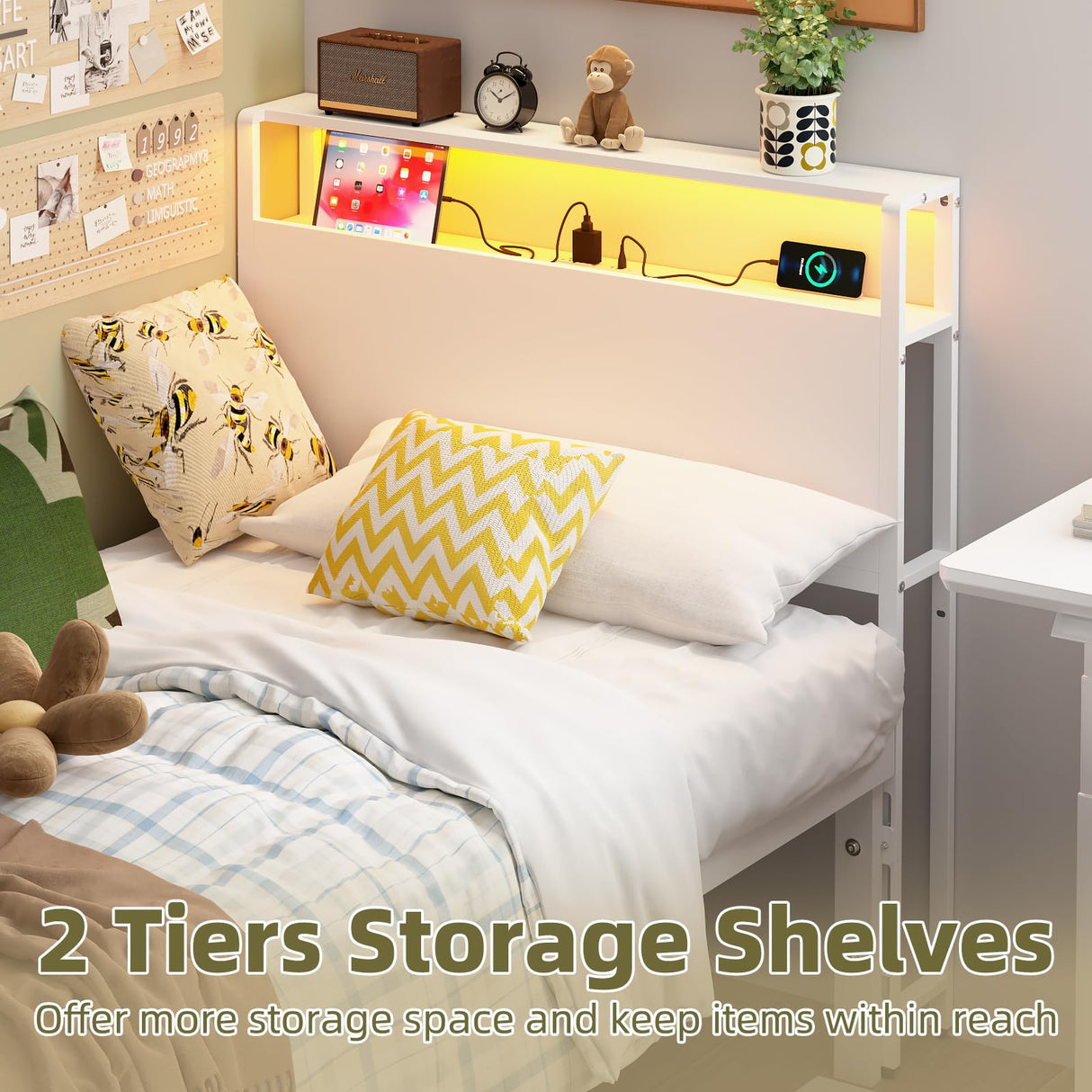 Merronix Twin Sized Headboard with 2 Tiers Storage Shelves, Sturdy and Stable Headboard with Charging Station, USB Ports and LED Light for Twin Bed Frames,White Merronix