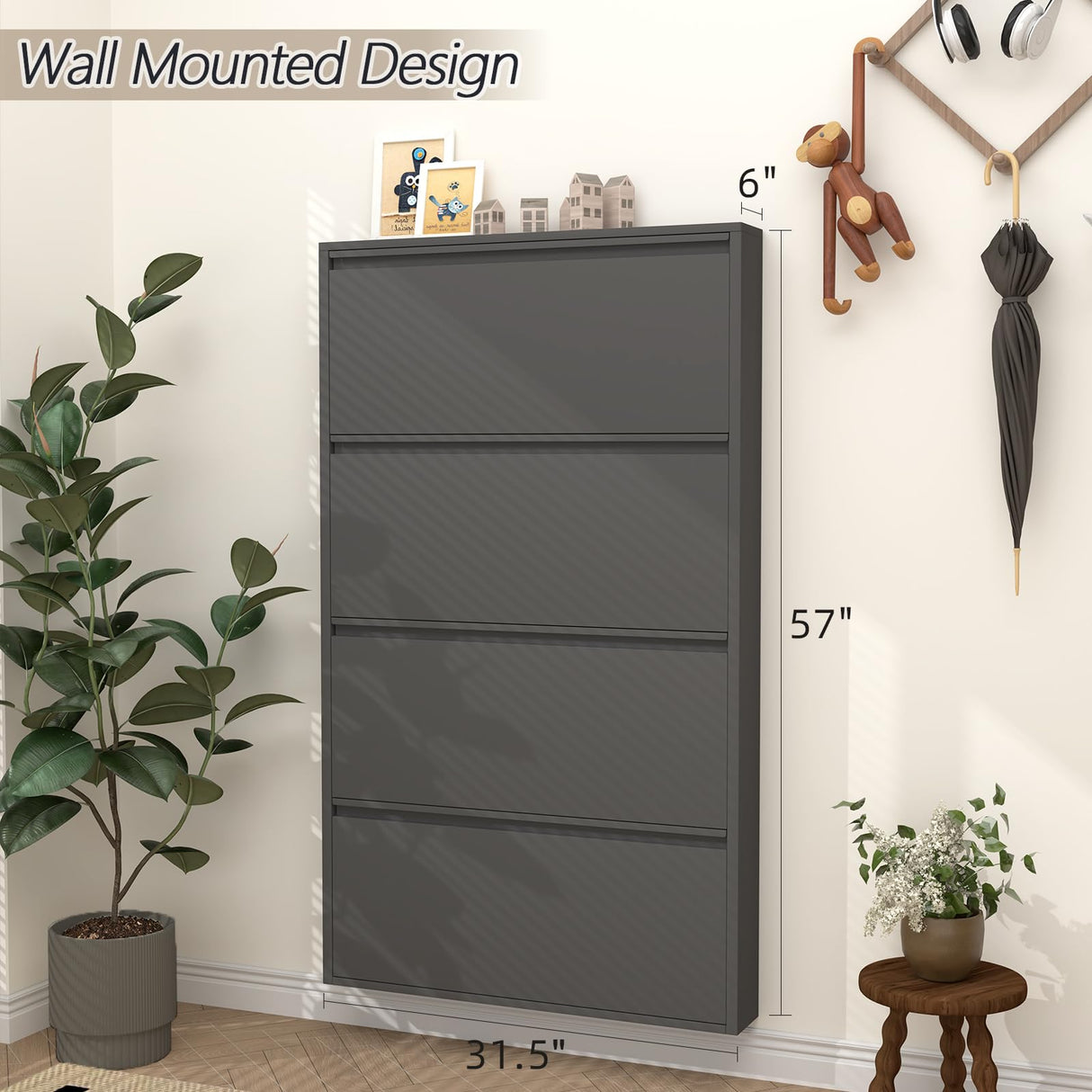 GREATMEET Black Shoe Cabinet Storage for Entryway, Narrow Shoe Cabinet for Entryway Slim, Wall Mounted Metal Hidden Shoe Organizer with 4 Flip Drawers GREATMEET