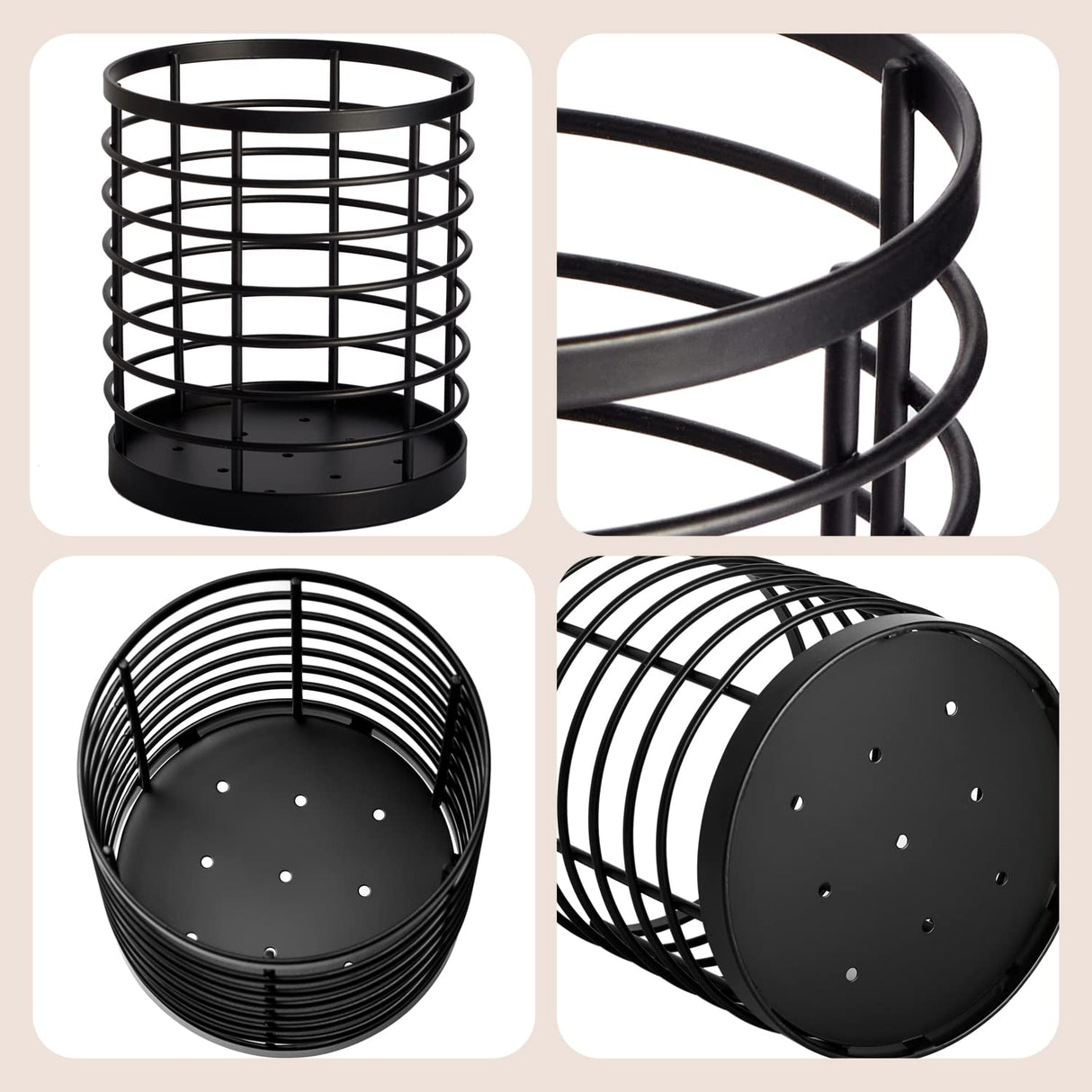 WDT Tool Utensil holder for Kitchen Counter - 5.2" x 5.2" x 6" Large Round Utensils Holder with Wooden Base Matte Black Cooking Utensil Holder,Kitchen countertop Utensil Organizer (Metal) WDT Tool