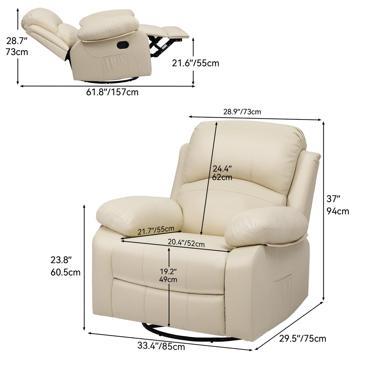 YITAHOME Rocker Recliner Chair with Heat & Massage, Faux Leather Recliner with Overstuffed Armrest, 360° Swivel, Manual Reclining, Rocking Function & Side Pocket for Living Room,Beige YITAHOME