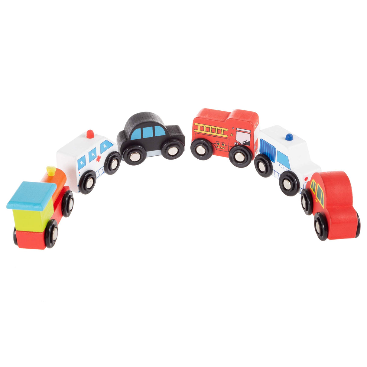 Hey! Play! Wooden Car PlaySet-6-Piece Mini Toy Vehicle Set with Cars, Police and Fire Trucks, Train-Pretend Play Fun for Preschool Boys and Girls Hey! Play!