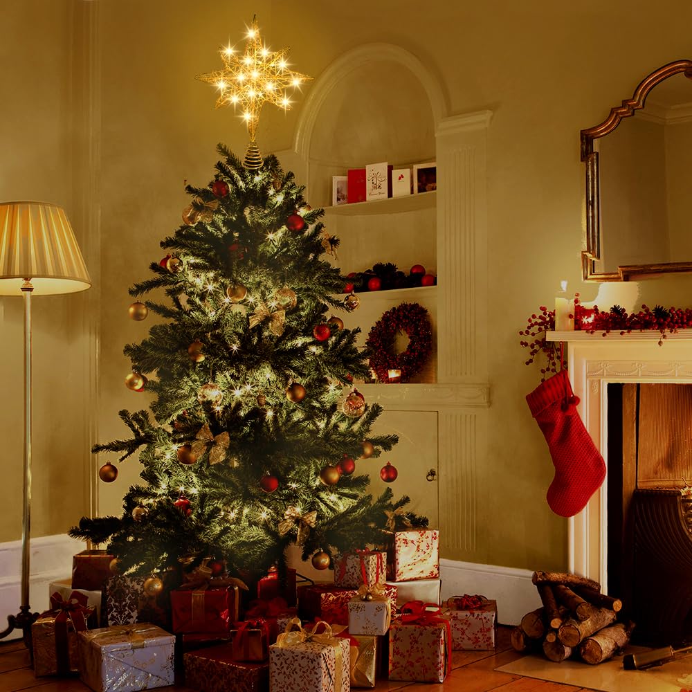 DULEFUN Christmas Tree Topper Lighted 13.5” Gold Star Tree Toppers with 20 LED Lights Christmas Tree Top Ornament for New Year Holiday Home Office Indoor Decorations DULEFUN