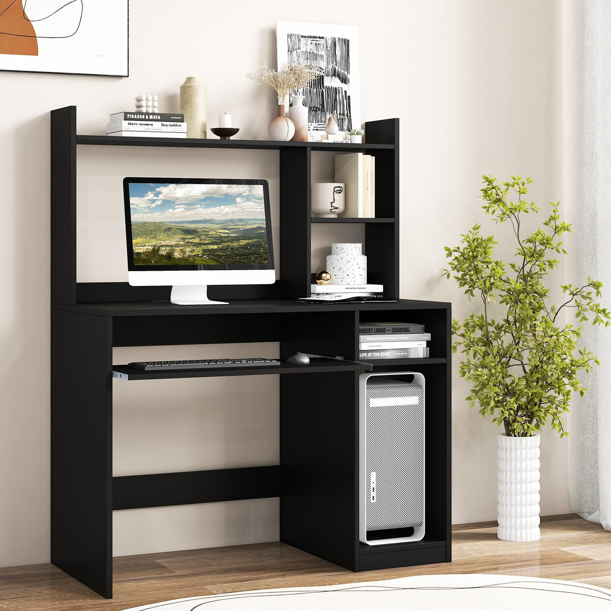 Tangkula Modern Computer Desk with Hutch, Charging Station & Storage Solutions for Home Office Tangkula