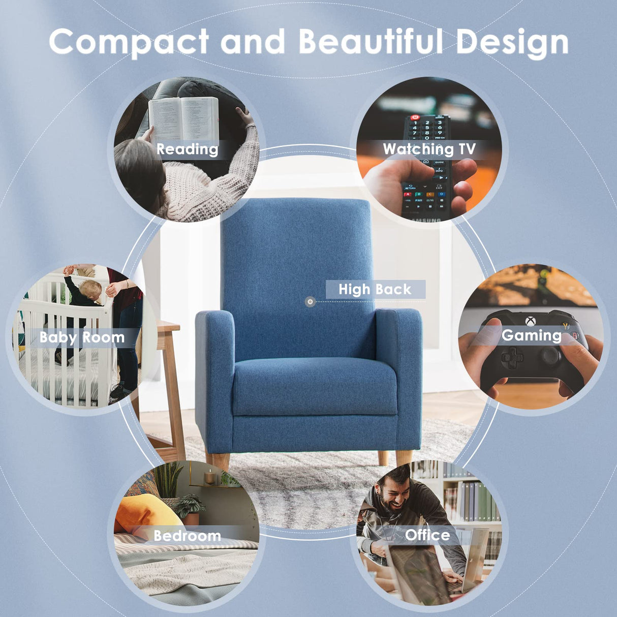 COLAMY Modern Upholstered Accent Chair Armchair with Pillow, Fabric Reading Living Room Side Chair,Single Sofa with Lounge Seat and Wood Legs, Blue COLAMY